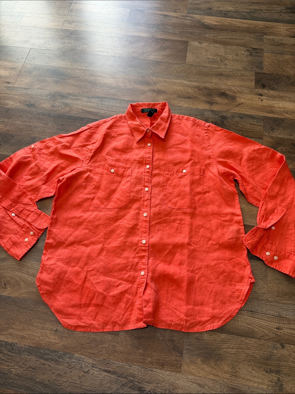 Lauren Ralph Lauren Women's Orange/Coral 100% Linen Button-Up Utility Shirt